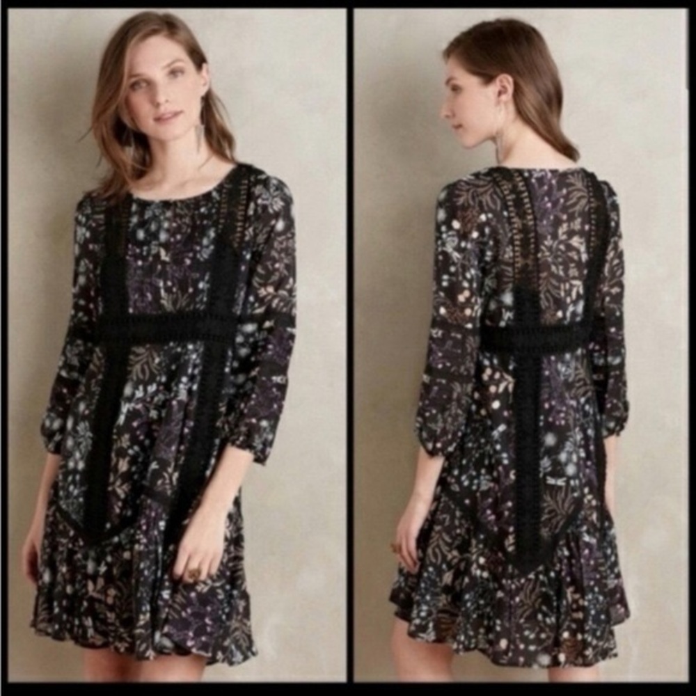 Anthropologie Moulinette Soeurs Kerstin black floral boho tunic dress size 10